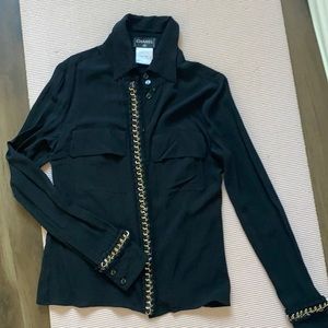 Chanel vintage silk button down shirt. Tweed and chain.